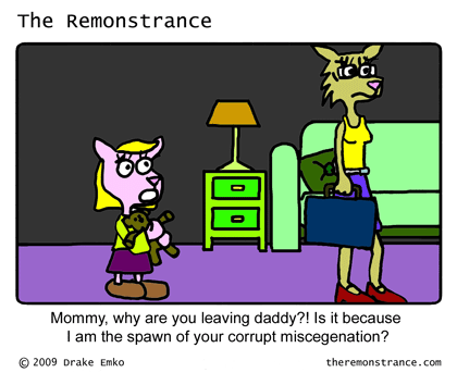 Celeste Bemoans a Sad Departure - The Remonstrance comic for 2009-08-11. Word of the day: miscegenation