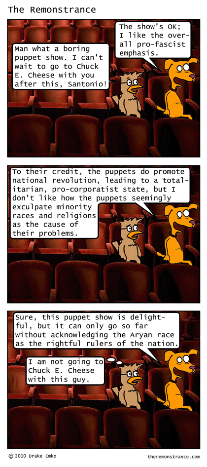 Santonio's Perspective on the Puppet Show - The Remonstrance comic for 2010-02-15. Word of the day: exculpate